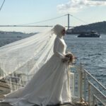 Rabia | Uzun Kollu Dantel İşlemeli Pileli A Kesim Gelinlik