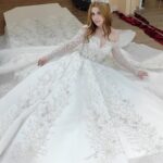 Straight Cut Neckline Long Sleeve Lace Embroidered Pleated Satin Skirt Princess Wedding Dresses