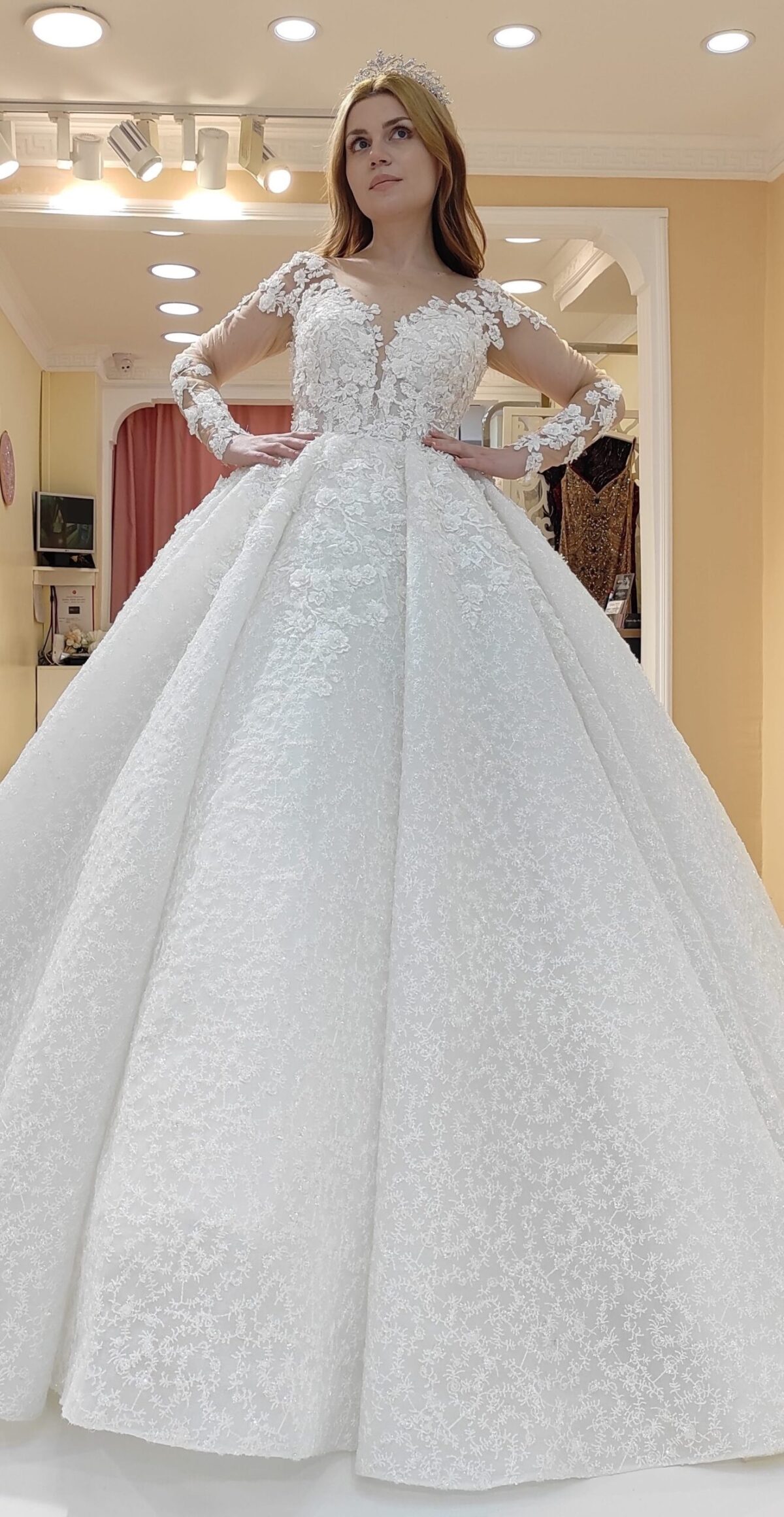 Long Sleeve Sweetheart Neckline Lace Embroidered Sequined Fabric Princess Wedding Dresses - Image 2