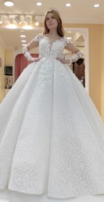 Long Sleeve Sweetheart Neckline Lace Embroidered Sequined Fabric Princess Wedding Dresses - Image 2
