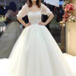 Square Neckline Short Balloon Sleeve Lace Embroidered A-Line Tulle Skirt