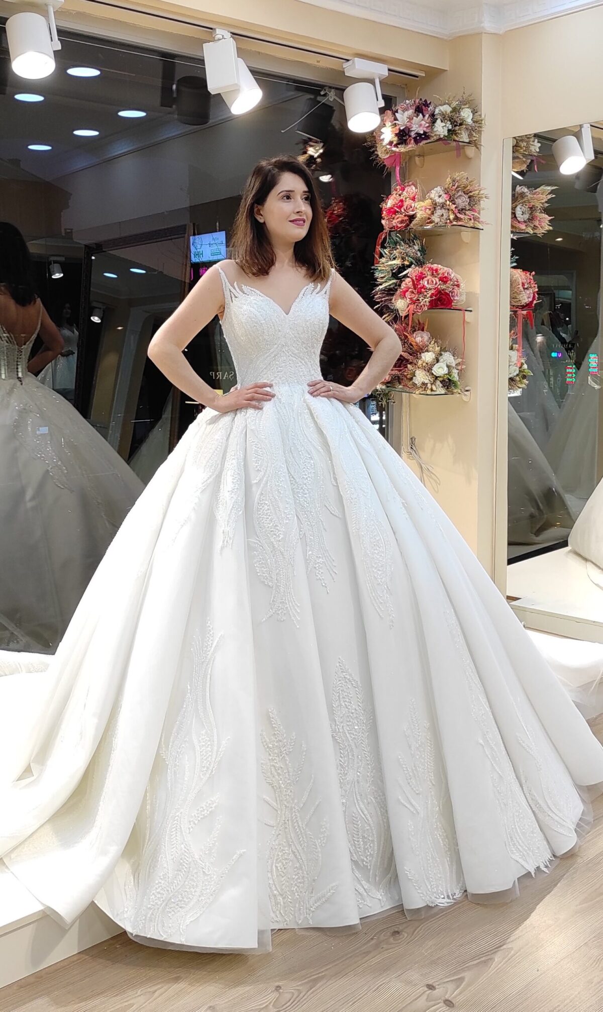 Sweetheart Neckline Lace Embroidered Strappy Satin Princess Wedding Dresses - Image 3