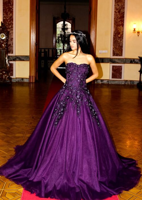 Straplez Dantel Motifli Uzun Abiye Elbise | İndirimli Ürünler