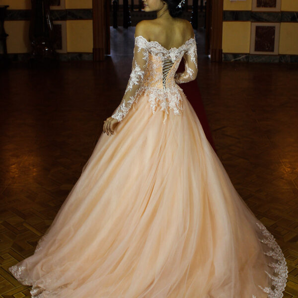 Uzun Kollu Dantel İşlemeli A-Kesim Uzun Abiye Elbise