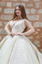Strappy V-neck Voluminous A-line Wedding Dress with Floral Lace Embroidery on Tulle - Image 2