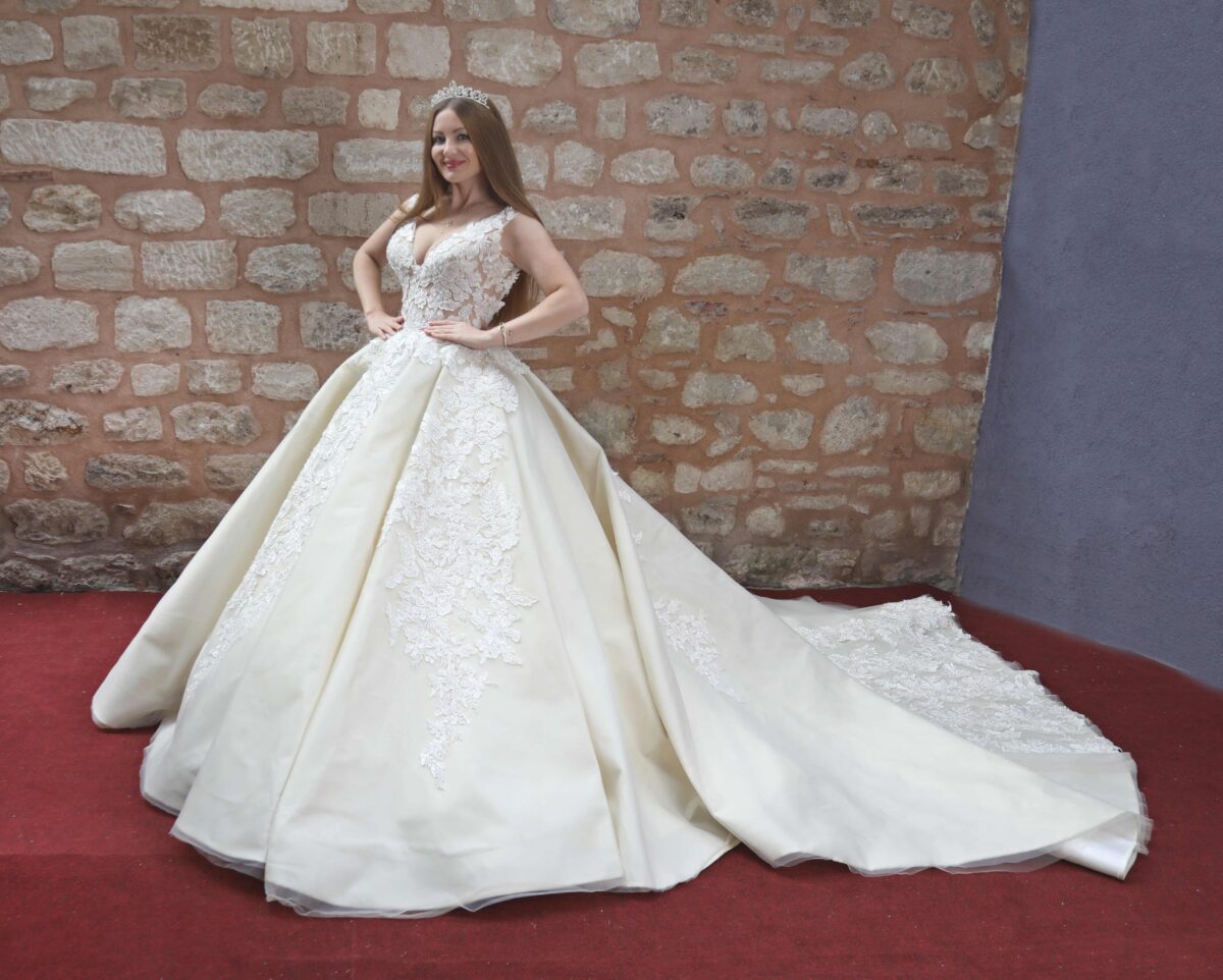 Strappy V-neck Voluminous A-line Wedding Dress with Floral Lace Embroidery on Tulle - Image 1