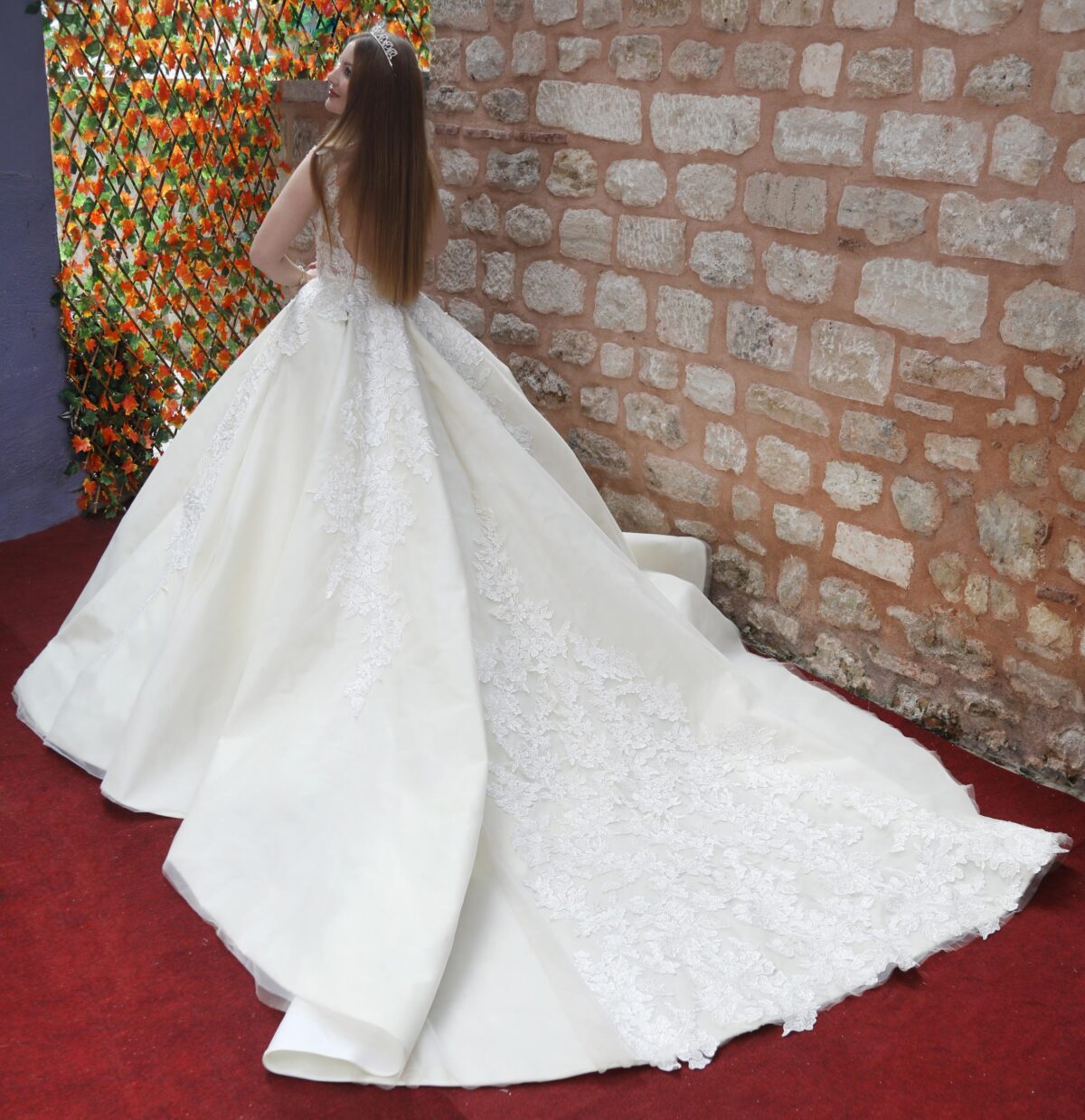 Strappy V-neck Voluminous A-line Wedding Dress with Floral Lace Embroidery on Tulle - Image 3