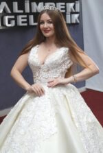 Strappy V-neck Voluminous A-line Wedding Dress with Floral Lace Embroidery on Tulle - Image 4