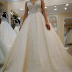 Dekolteli V Yaka İşlemeli Dantel Detaylı Hacimli A Kesim Gelinlik