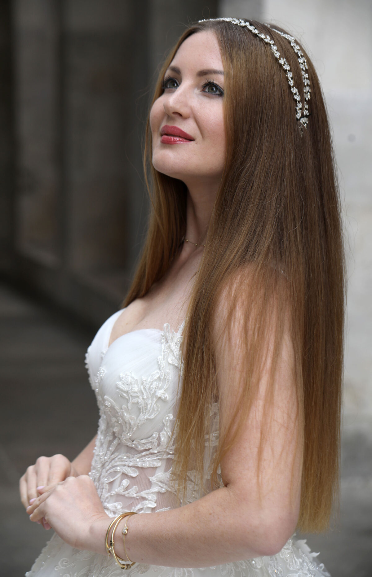 Drapeli Kalp Yaka İnce Askılı İşlemeli Dantelli A Kesim Gelinlik - Görsel 3