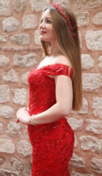 Drapeli Kalp Yakalı Düşük Askılı Üç Boyutlu Çiçek ve Dantel İşlemeli Balık Abiye - Görsel 3