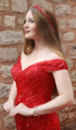 Drapeli Kalp Yakalı Düşük Askılı Üç Boyutlu Çiçek ve Dantel İşlemeli Balık Abiye - Görsel 4