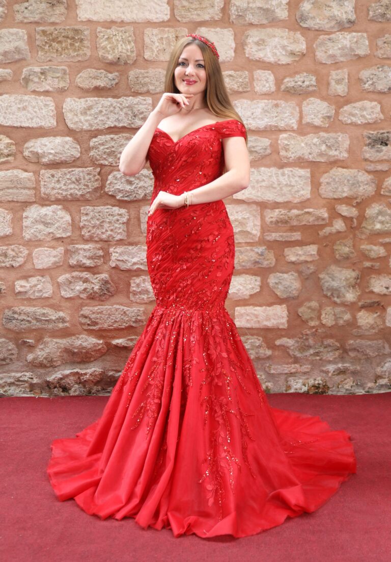 Drapeli Kalp Yakali Dusuk Askili Uc Boyutlu Cicek ve Dantel Islemeli Balik Abiye 4 | Fırsat Abiyeler