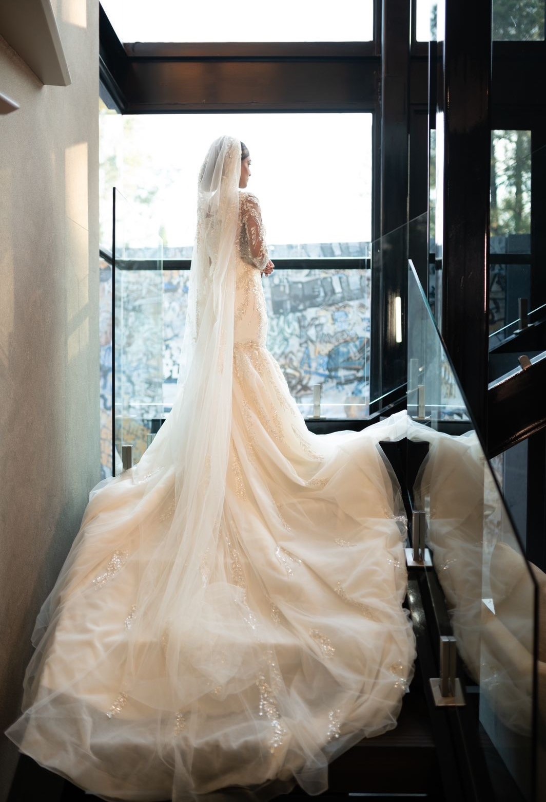 Drapeli Tul Likrali Saten Kare Yaka Uzun Kollu Balik Model Gelinlik 2 | HG Gelinleri