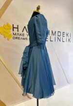 Drapeli V Yaka Balon Kollu Organze Abiye - Görsel 2