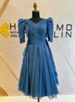 Drapeli V Yaka Balon Kollu Organze Abiye - Görsel 4