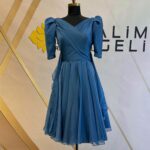 Drapeli V Yaka Balon Kollu Organze Abiye