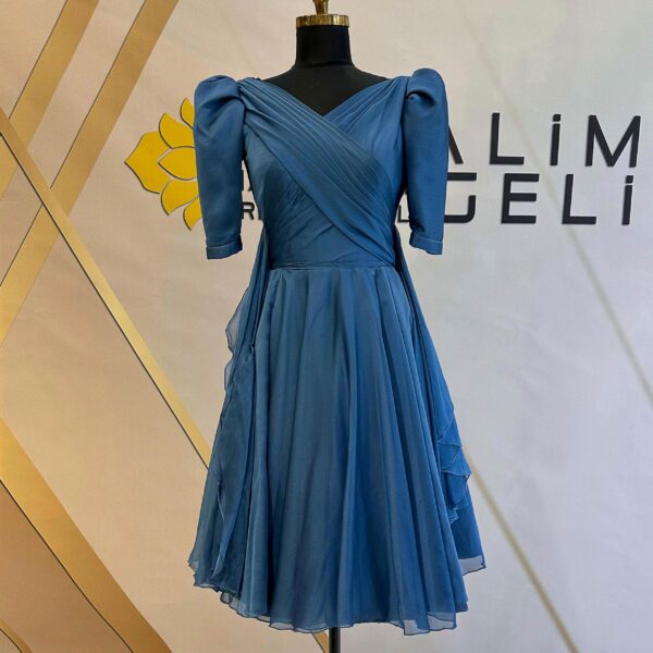 Drapeli V Yaka Balon Kollu Organze Abiye