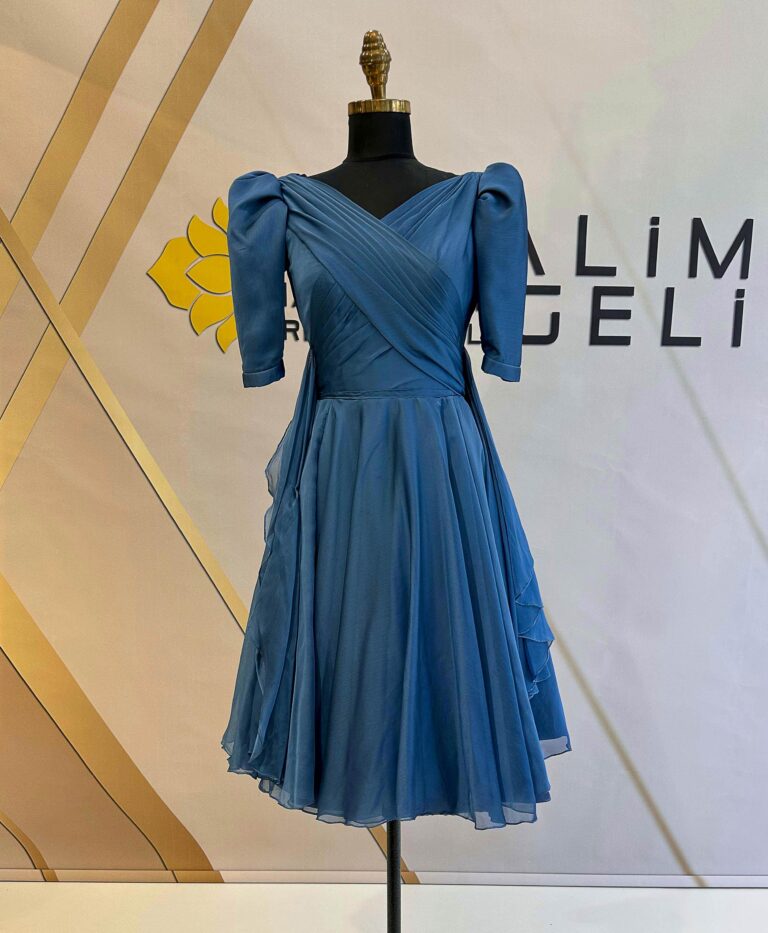 Drapeli V Yaka Balon Kollu Organze Abiye 2 | Fırsat Abiyeler