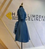 Drapeli V Yaka Balon Kollu Organze Abiye - Görsel 3