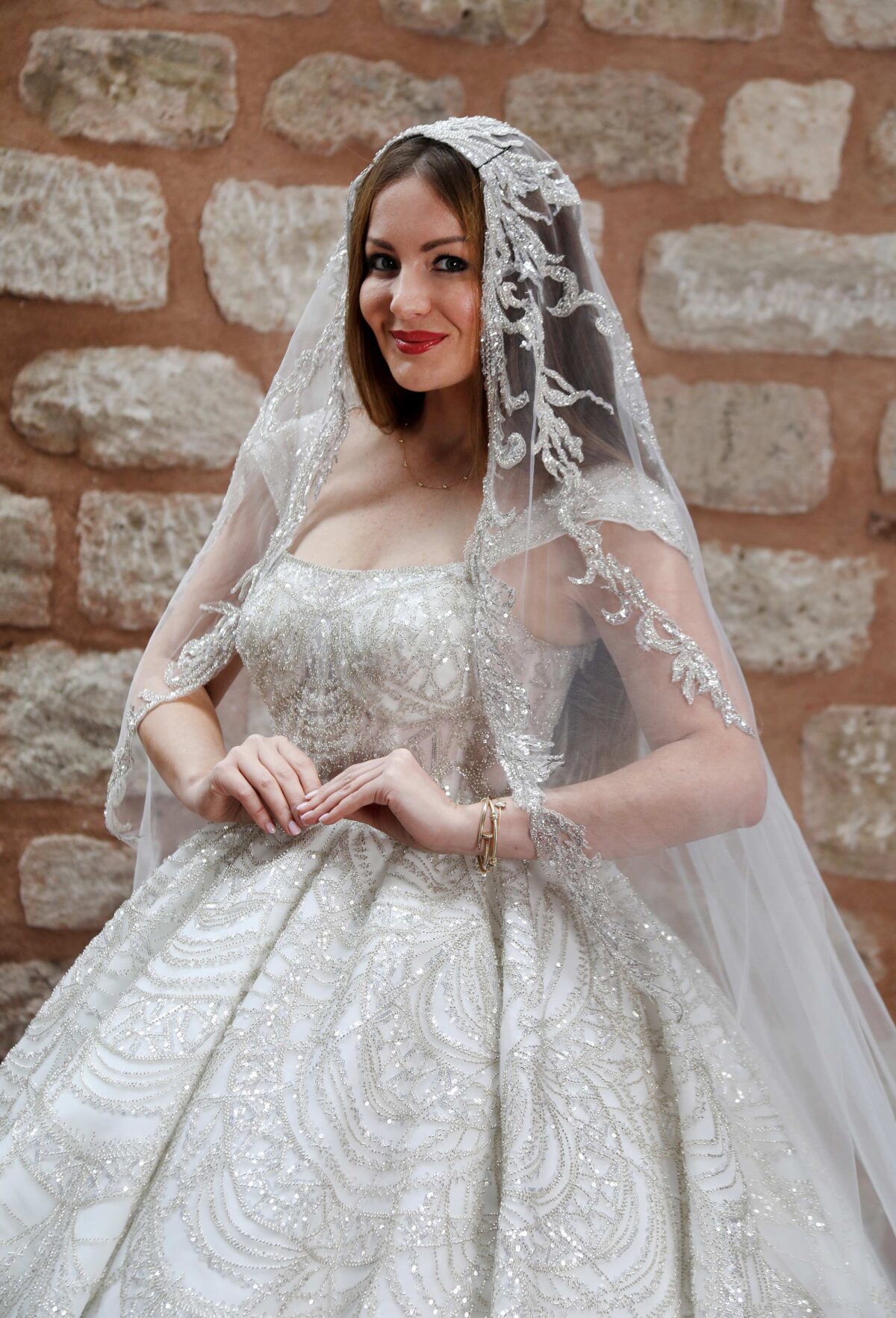 Straight Neckline Thick Straps Complete Silver Embroidered A-Line Wedding Dress - Image 2