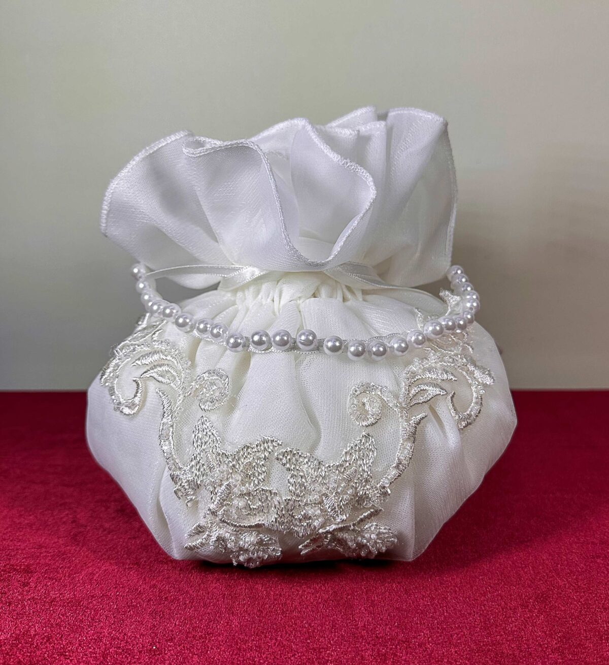 Pearl Strap Organza Tulle Embroidered Lace Bridal Pouch - Image 1