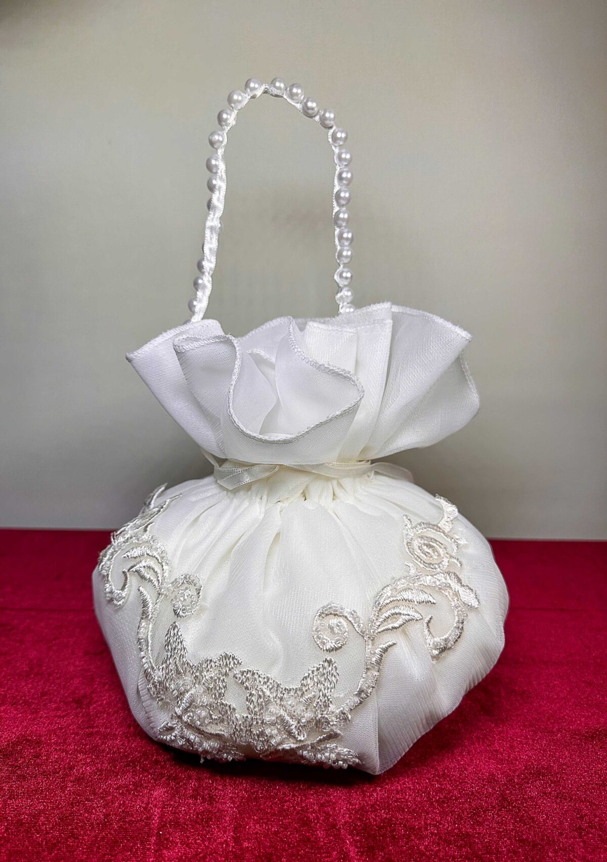 Pearl Strap Organza Tulle Embroidered Lace Bridal Pouch - Image 2