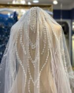 İnci İşlemeli Çiçekli Tül Duvak