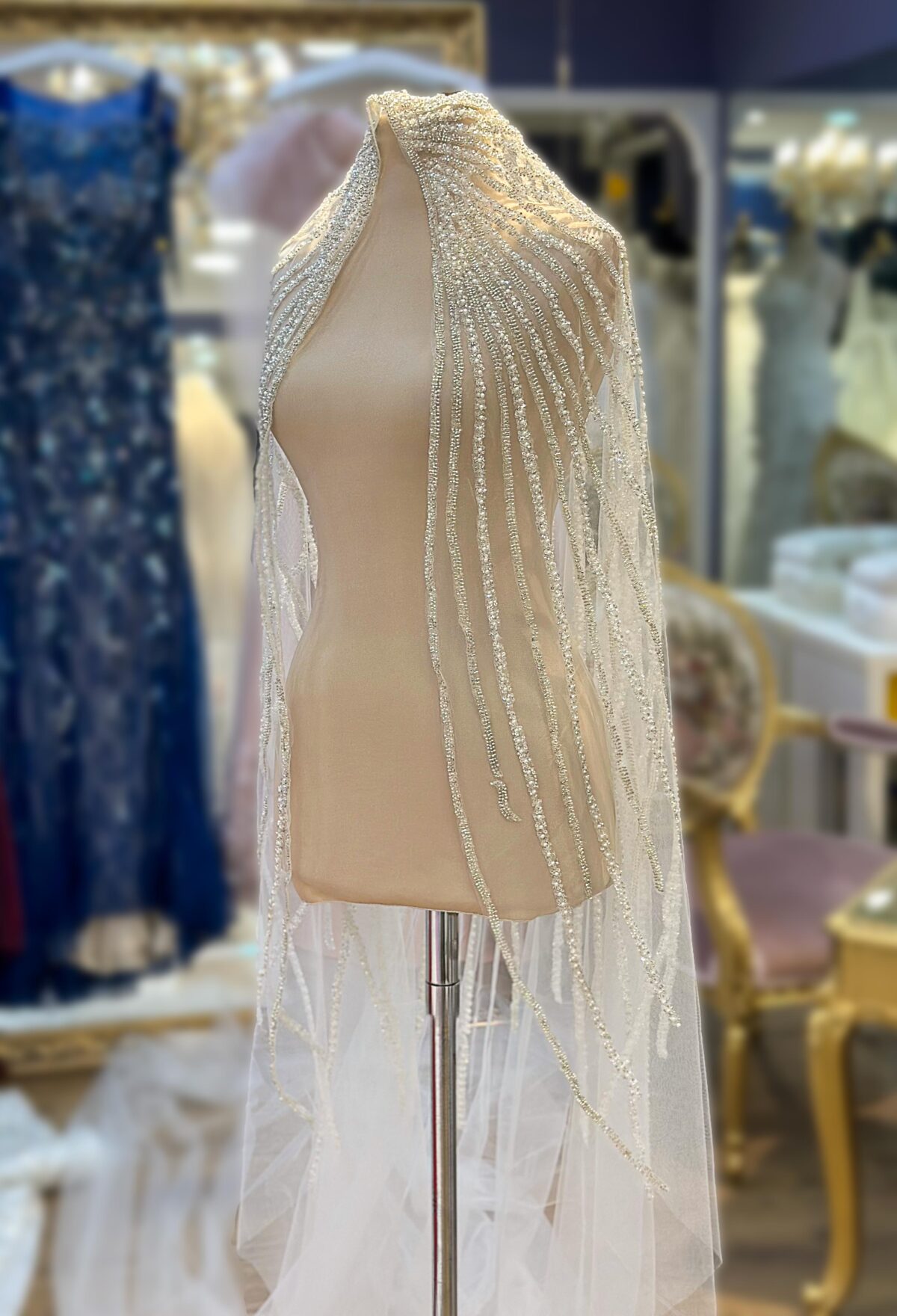 İnci Kristal Gümüş İşlemeli Dantelli Tül Duvak - Görsel 2