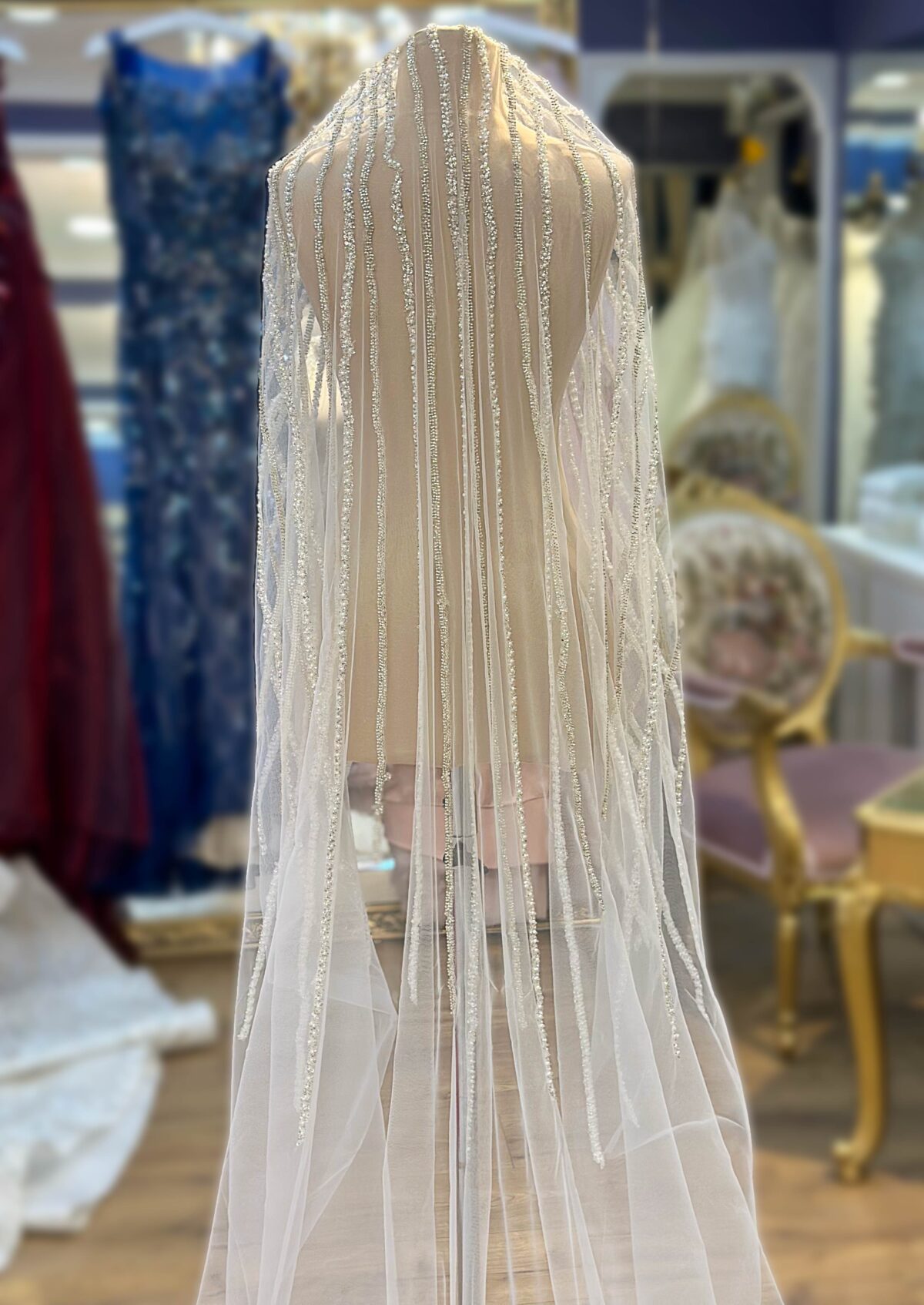 İnci Kristal Gümüş İşlemeli Dantelli Tül Duvak - Görsel 5