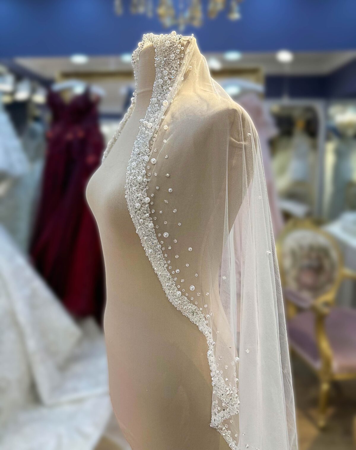 İnci Kristal İşlemeli Tül Duvak - Görsel 1