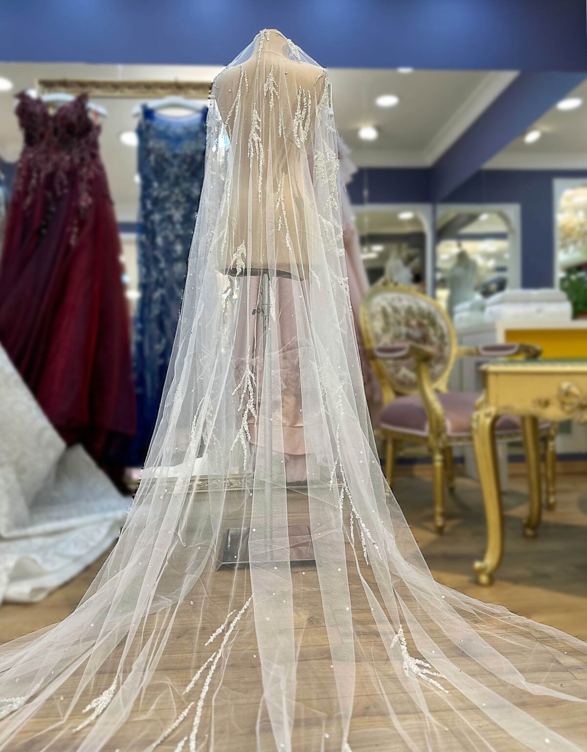 İnci Kristal Swarovski Payet İşlemeli Tül Duvak - Görsel 2