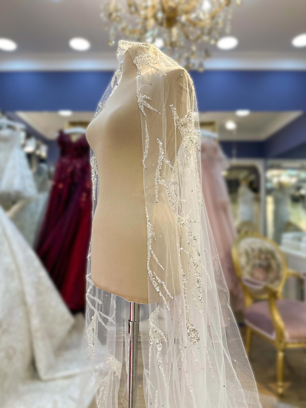 İnci Kristal Swarovski Payet İşlemeli Tül Duvak - Görsel 4