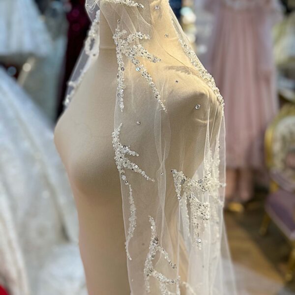 İnci Kristal Swarovski Payet İşlemeli Tül Duvak