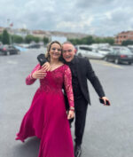 İşlemeli Dantel V Yaka Uzun Kollu Drapeli Kloş A Kesim Abiye - Görsel 2