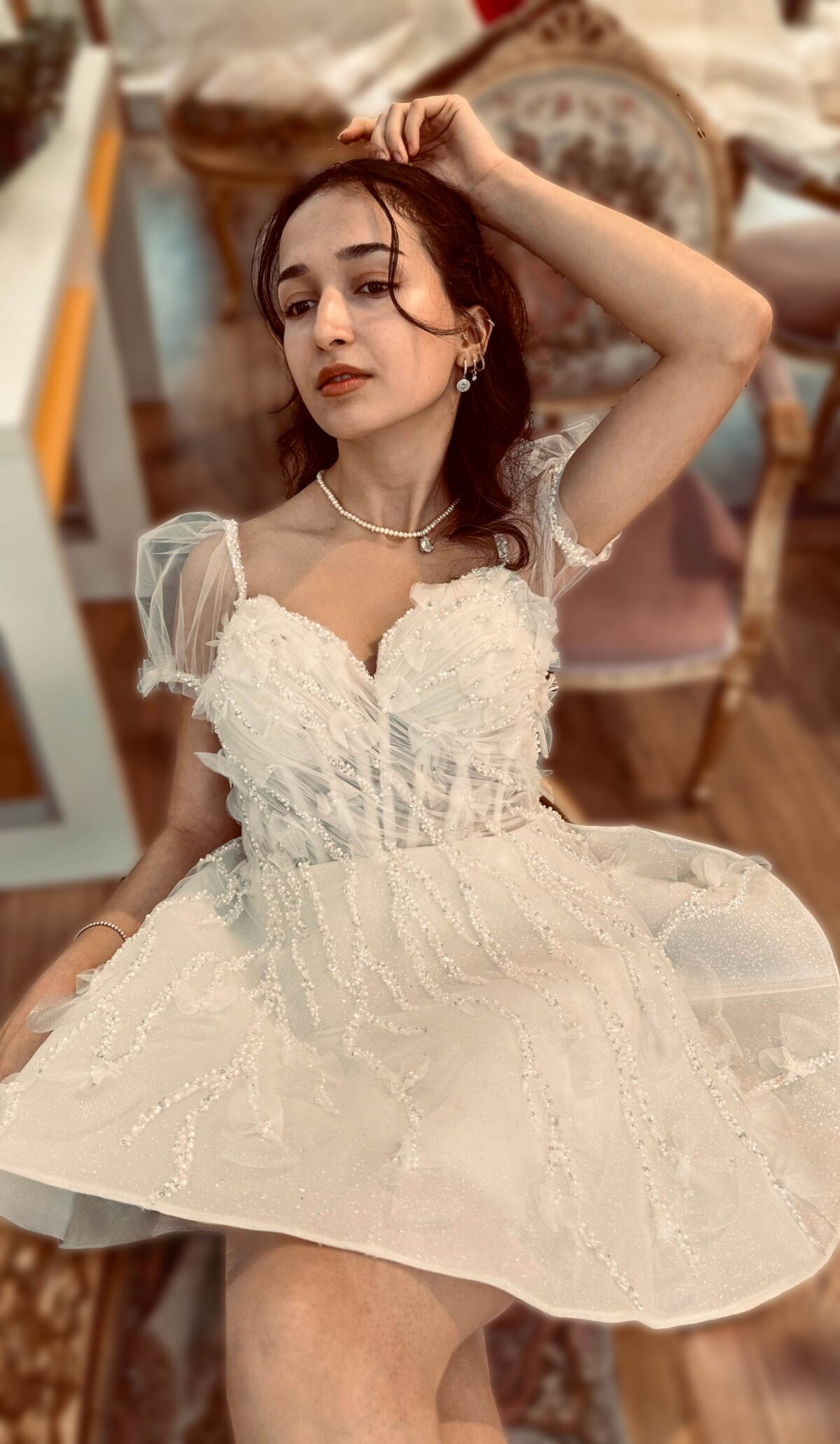 İşlemeli Drapeli İnce Askılı Kedi Yaka After Party Elbise - Görsel 5