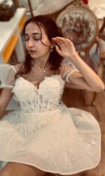 İşlemeli Drapeli İnce Askılı Kedi Yaka After Party Elbise - Görsel 3