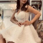 İşlemeli İnce Askılı Kalp Yaka Dantelli Kloş Kesim After Party Elbise