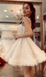 İşlemeli İnce Askılı Kalp Yaka Dantelli Kloş Kesim After Party Elbise - Görsel 3