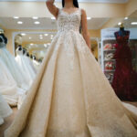 İşlemesiz Sade Dantel Sim Baskılı Tül V Yaka Askılı A Kesim Gelinlik