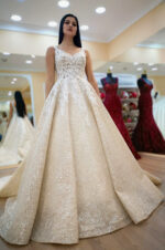 Unembroidered Plain Lace Glitter Printed Tulle V-neck Strappy A-Line Wedding Dresses - Image 2