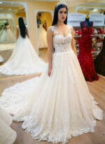 Sweetheart Neckline Lace Embroidered Transparent Body Lace Strap A Line Wedding Dress - Image 4