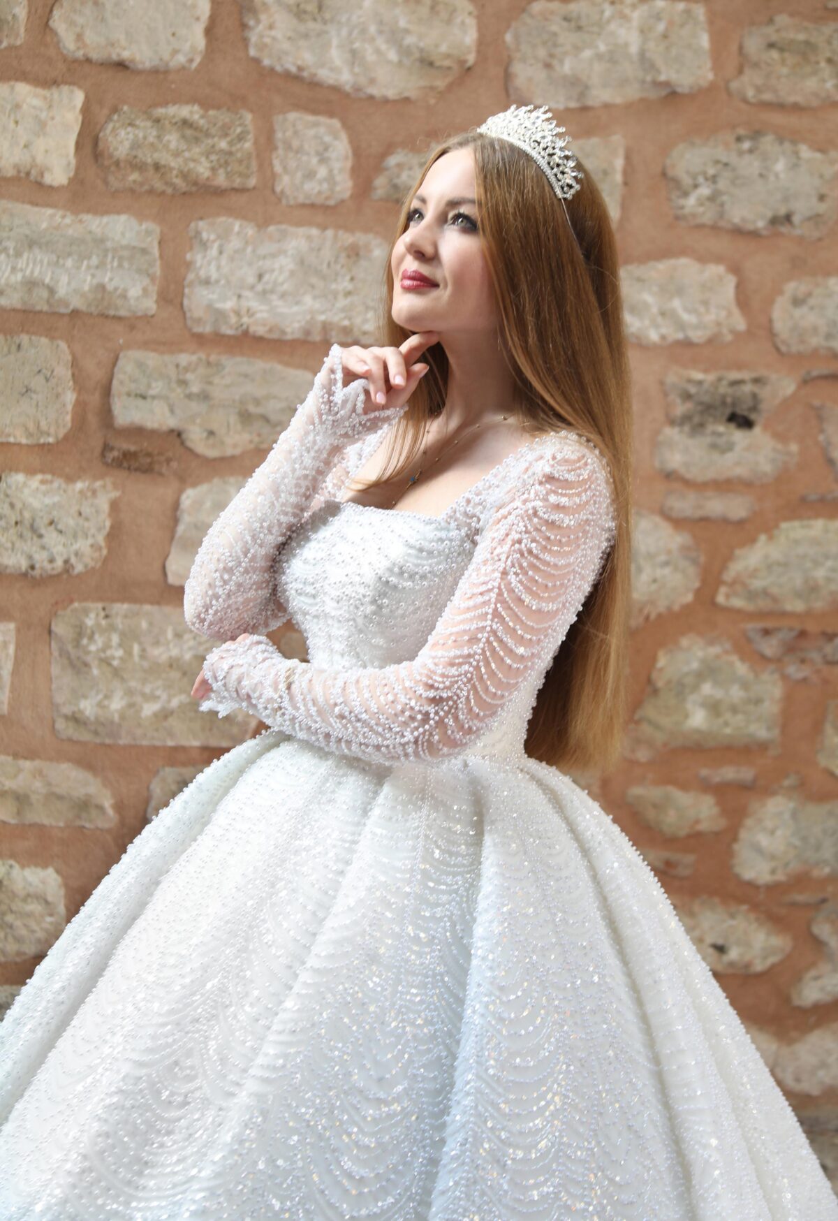 Kare Yaka Uzun Kollu Komple İnci ve Payet İşlemeli Pileli Prenses Gelinlik - Görsel 2