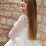 Kare Yaka Uzun Kollu Komple İnci ve Payet İşlemeli Pileli Prenses Gelinlik