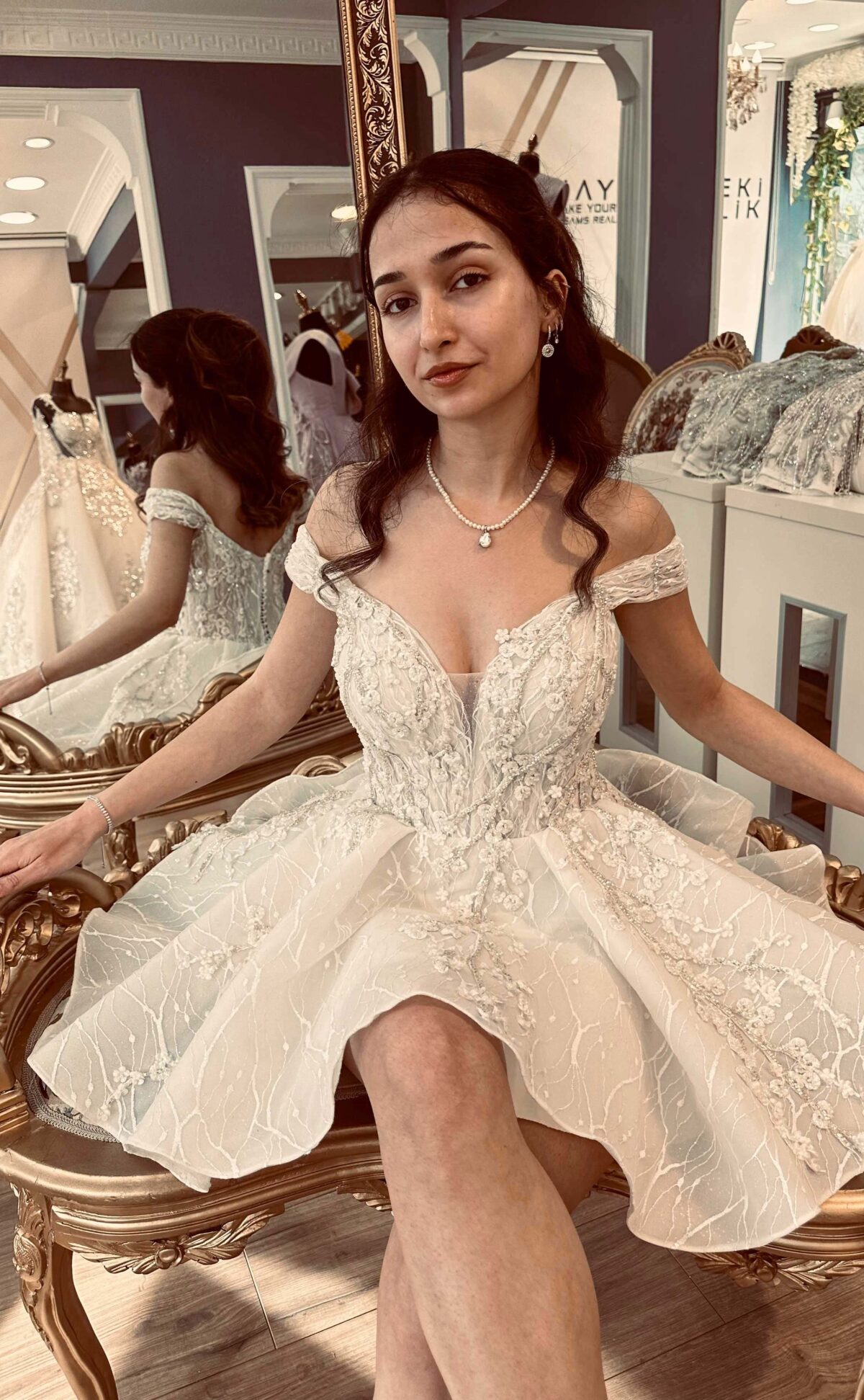 Cat Neck Low Strap Silver Embroidered After Party Dress - Image 1