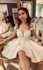 Cat Neck Low Strap Silver Embroidered After Party Dress