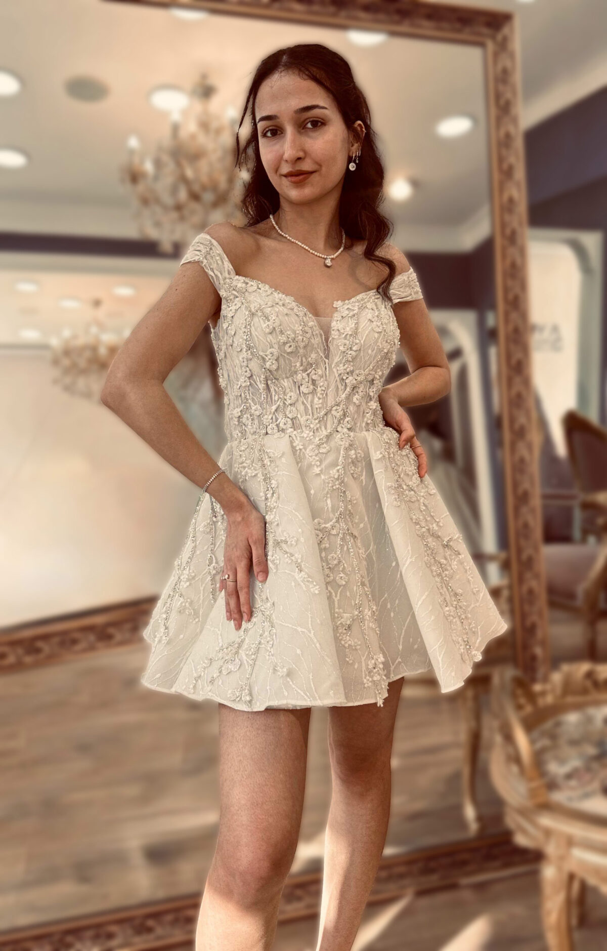 Cat Neck Low Strap Silver Embroidered After Party Dress - Image 3