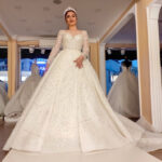 Komple Gümüş İşleme Organze Tül Kalp Yaka Dar Uzun Kol Pileli Hacimli A Kesim Gelinlik