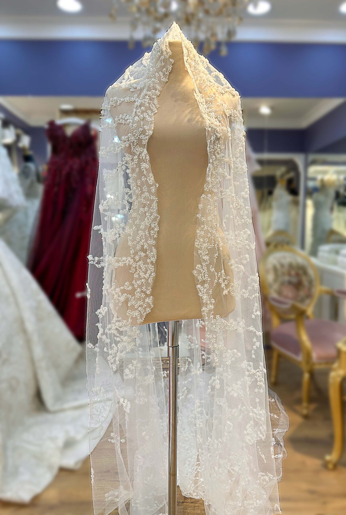 Komple İnci İşlemeli Çiçekli Tül Duvak - Görsel 5