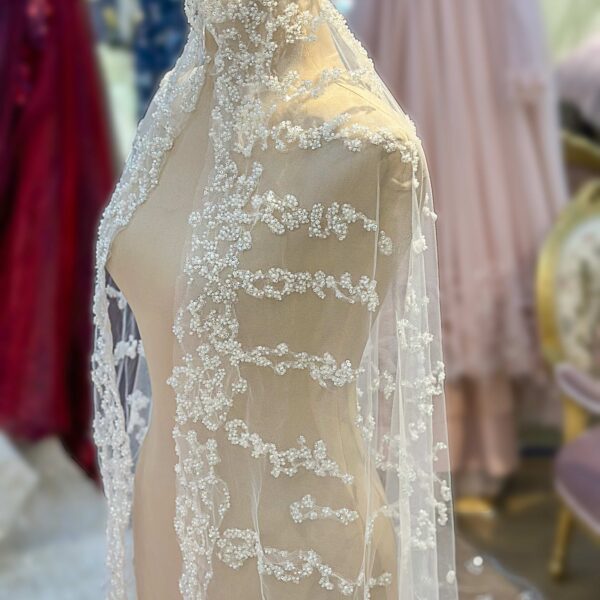 Komple İnci İşlemeli Çiçekli Tül Duvak